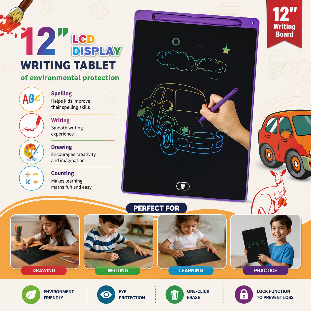 12-Inch LCD Writing Tablet for Kids β Reusable Digital Drawing & Writing Board with One-Click Erase