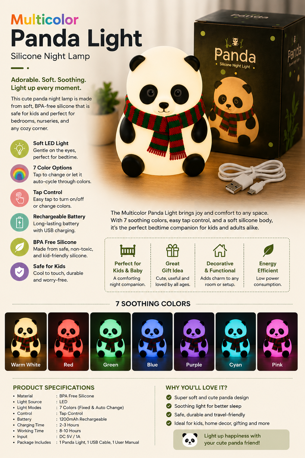 🐼 Multicolor Panda Silicone Night Light