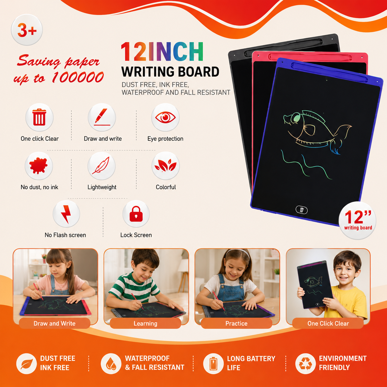 12-Inch LCD Writing Tablet for Kids – Reusable Digital Drawing & Writing Board with One-Click Erase