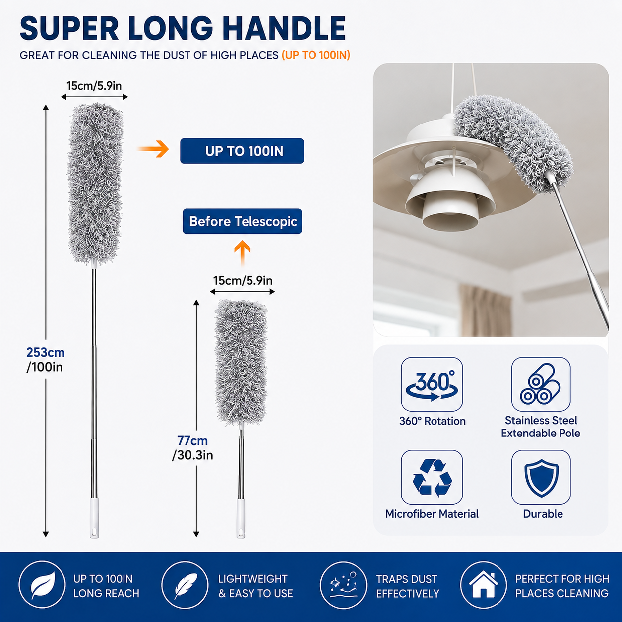 Super Long Handle 100-Inch Microfiber Dusting Duster | 360° Rotating Telescopic Stainless Steel Pole