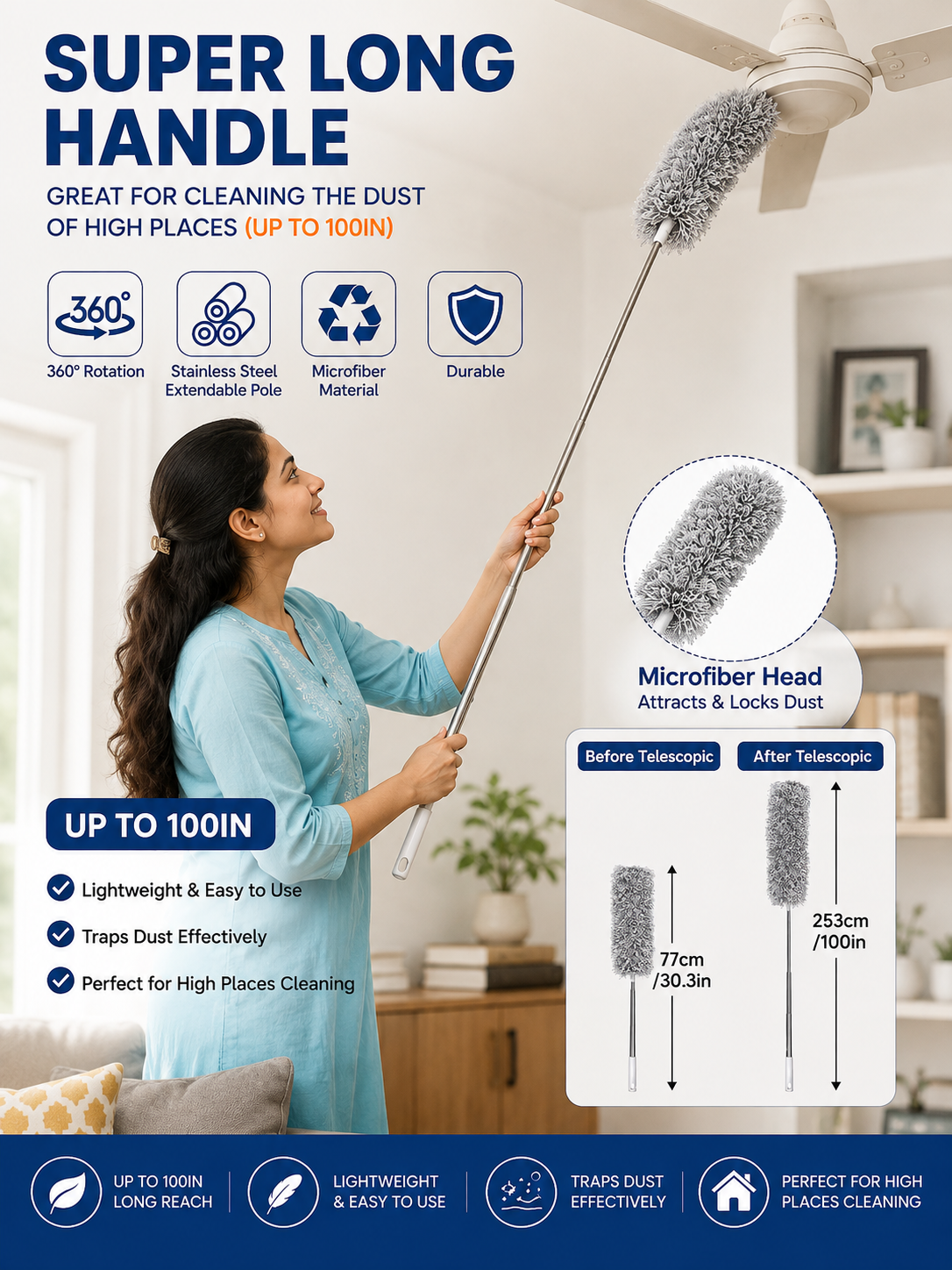 Super Long Handle 100-Inch Microfiber Dusting Duster | 360° Rotating Telescopic Stainless Steel Pole