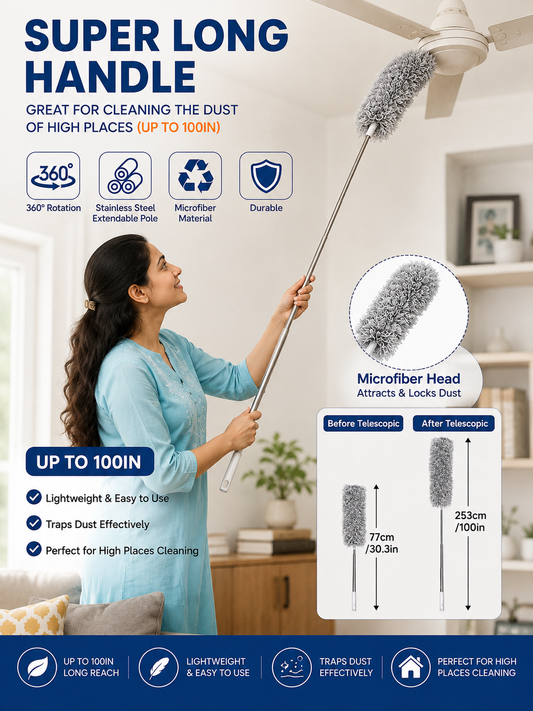 Super Long Handle 100-Inch Microfiber Dusting Duster | 360° Rotating Telescopic Stainless Steel Pole